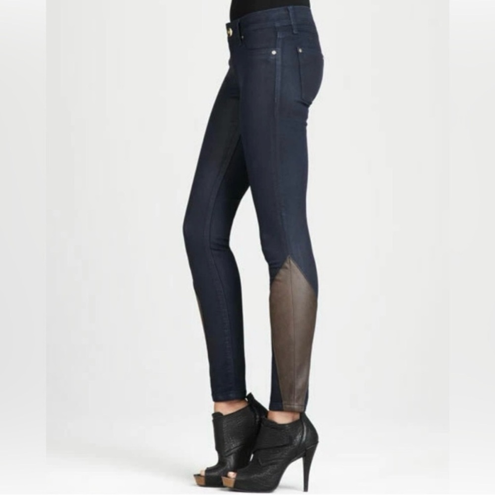 DL1961 Emma Low Rise Skinny Dark Blue Coated Leggings w Leather Detail 26 RARE
